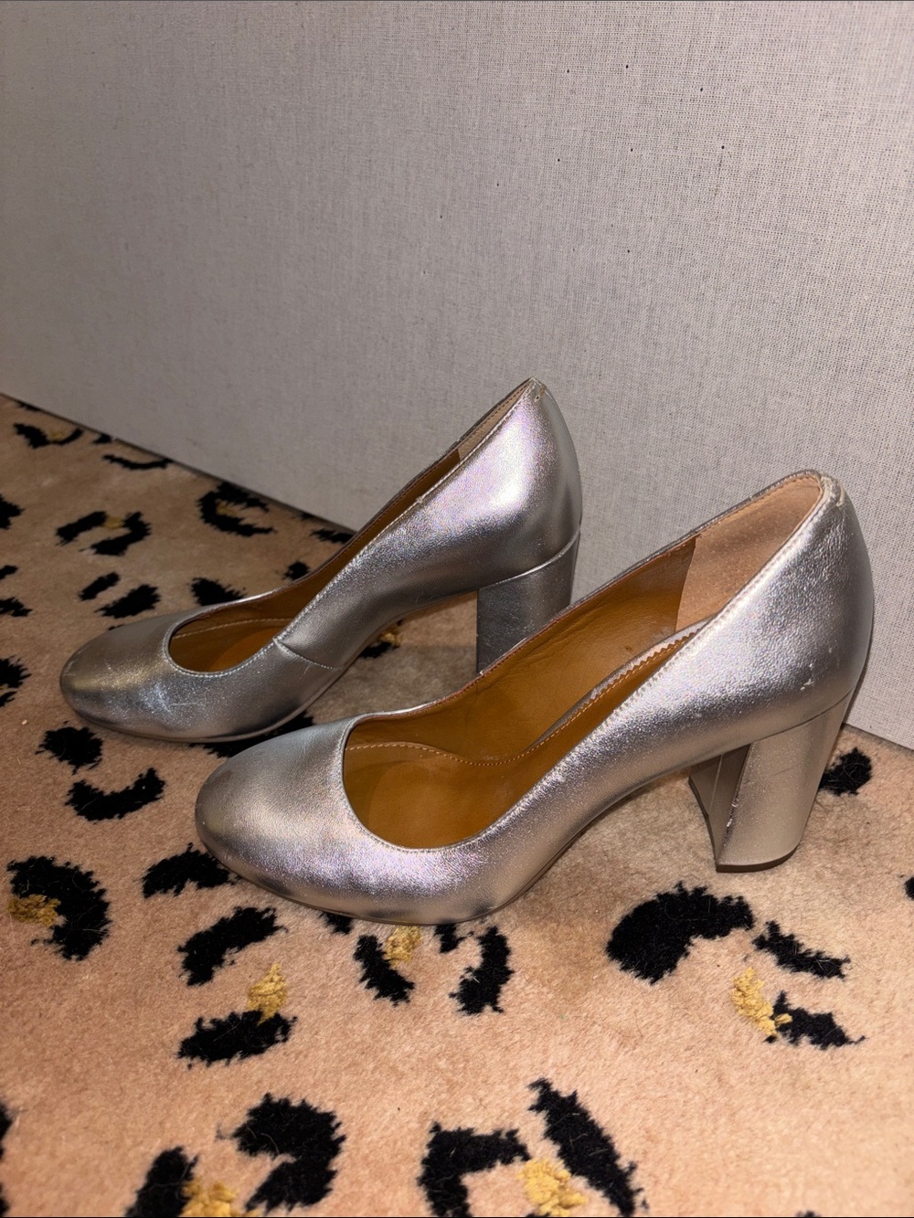 Silver Metallic Round-Toe Block Heel Pumps